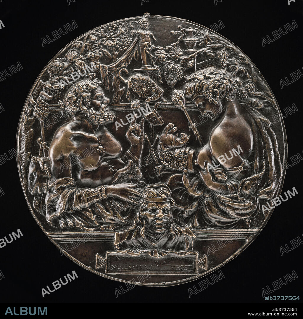 EUROPEAN 19TH CENTURY, AFTER THE MASTER OF THE MARTELLI MIRROR. A Satyr and a Bacchante (Allegory of Reproduction). Dated: fourth quarter 19th century. Dimensions: height (with suspension loop): 17.2 cm (6 3/4 in.)  without suspension loop: 17 cm (6 11/16 in.) gross weight: 341 gr. Medium: bronze//Electrotype.