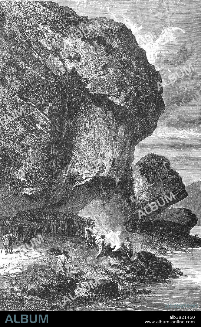 Entitled: "On the brow of the cliff above, there was discovered, in 1866, a fire hearth of the prehistoric period; this hearth and its surroundings have afforded us the most complete idea of one of the rock-shelters of man during the reindeer epoch." A rock shelter is a shallow cave-like opening at the base of a bluff or cliff. Originally termed L'Ã¢ge du renne (the Age of the Reindeer) the Upper Paleolithic (Late Stone Age) is the third and last subdivision of the Paleolithic or Old Stone Age. Very broadly, it dates to between 50,000 and 10,000 years ago, roughly coinciding with the appearance of behavioral modernity and before the advent of agriculture. The Upper Paleolithic has the earliest known evidence of organized settlements, in the form of campsites, some with storage pits. Artistic work blossomed, with cave painting, petroglyphs, carvings and engravings on bone or ivory. Caption excerpted from "Primitive Man" by Louis Figuier, 1871.