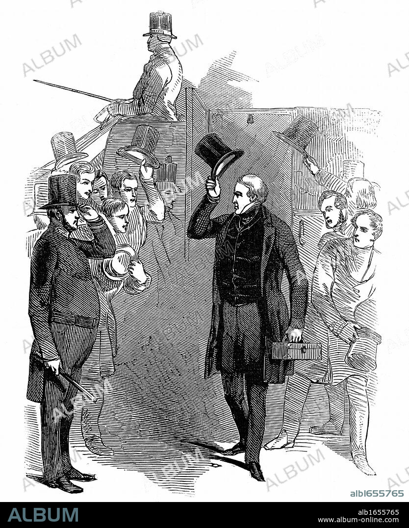 Robert Peel (1788-1850) British statesman, arriving at House of Commons, January, 1846, being saluted by a member of the London police force which he reformed, and which became known as 'Peelers' or 'Bobbies. Woodcut, 1846.
