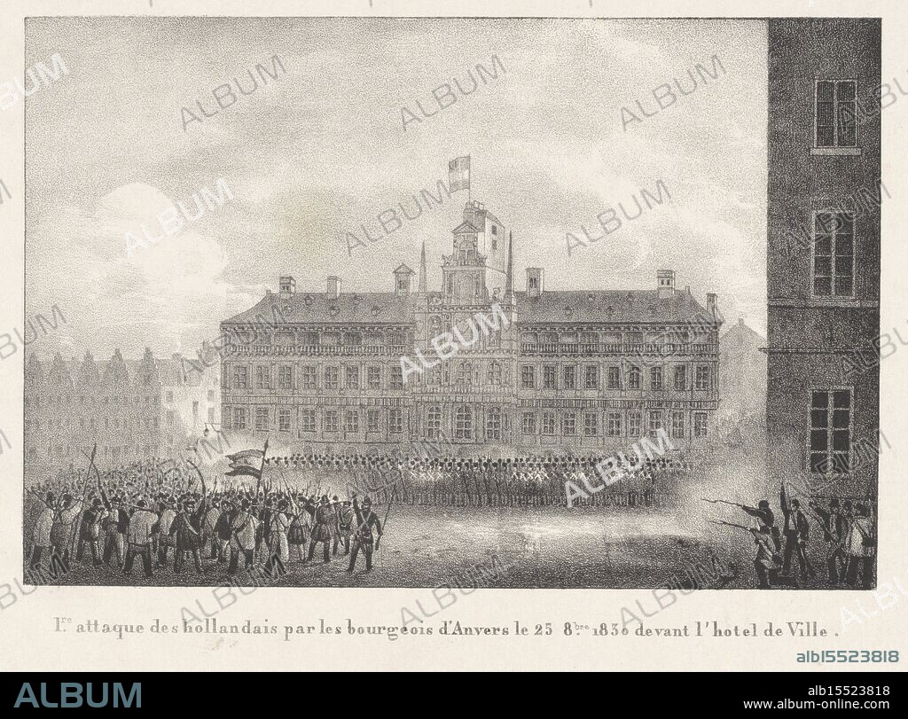 Brussels, Prints added to the series Evénemens de Bruxelles, Anvers (1831), 1.re attaque des hollandais par les bourgeois d'Anvers le 25 8.bre 1830 devant l'hotel de Ville, Attack on the Dutch troops in Antwerp, 1830, verso - stamped, First attack by the bourgeoisie on the Dutch troops in front of the city hall of Antwerp, 25 October 1830. Part of a group of prints from various other series related to the plates in the recueil about the events during the Belgian Revolution in Brussels, Antwerp and other cities in the period 25 August 1830 to 27 March 1831., print, prent, prints, prenten, Frederik Muller Historieplaten, height 195 mm, width 247 mm, print maker, prentmaker, 1830 - 1831, paper, lithography (technique), printer.