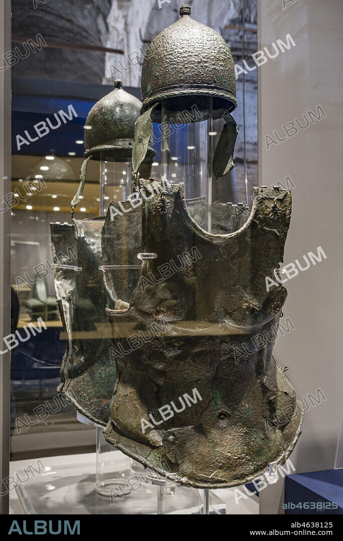 Carthage helmet and body armour, bronze ferro and silver, The Coliseum , Rome, Lazio, Italy ,.