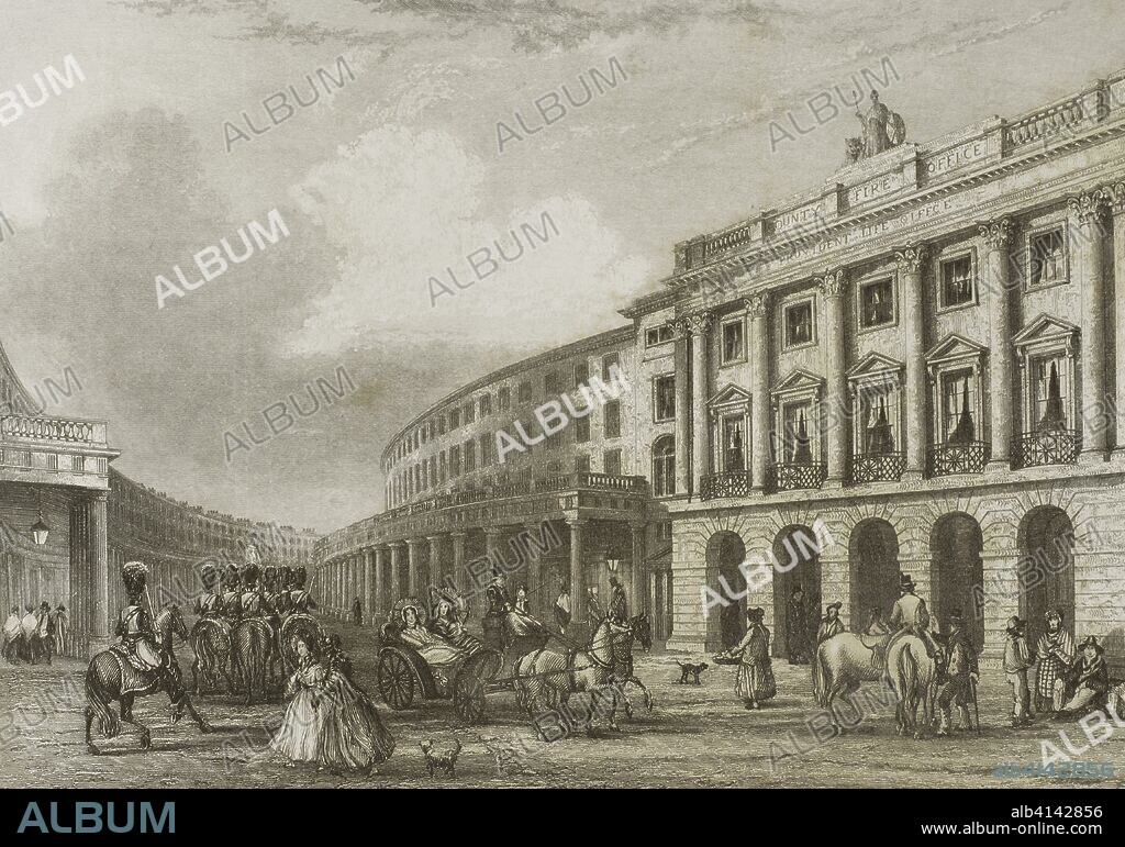 Reino Unido. Inglaterra. Londres. The Quadrant, Regent Street. Vista desde Piccadilly Circus. Grabado por John Woods. "London and its Environs", h. 1840 (Londres y sus Alrededores). Biblioteca Histórico Militar de Barcelona, Cataluña, España.