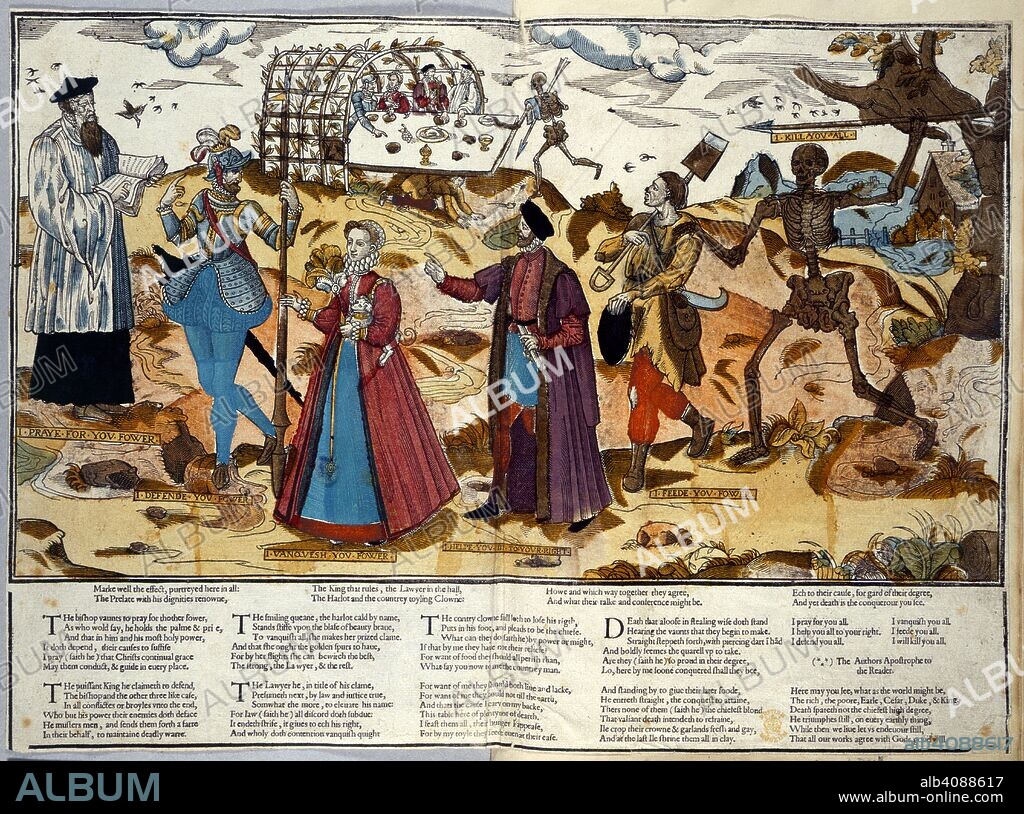 Dance of death. Dance of Death. London, 1580?. [Dance of death]. Begin. Marke well the effect, purtreyed herein all, etc. [A poem, printed below a large woodcut, representing Death with Bishop, King, Harlot, Lawyer and Clown.] In this copy the woodcut has been coloured by hand.  Image taken from Dance of Death.  Originally published/produced in London, 1580?. . Source: Huth.50.(63),. Language: English.