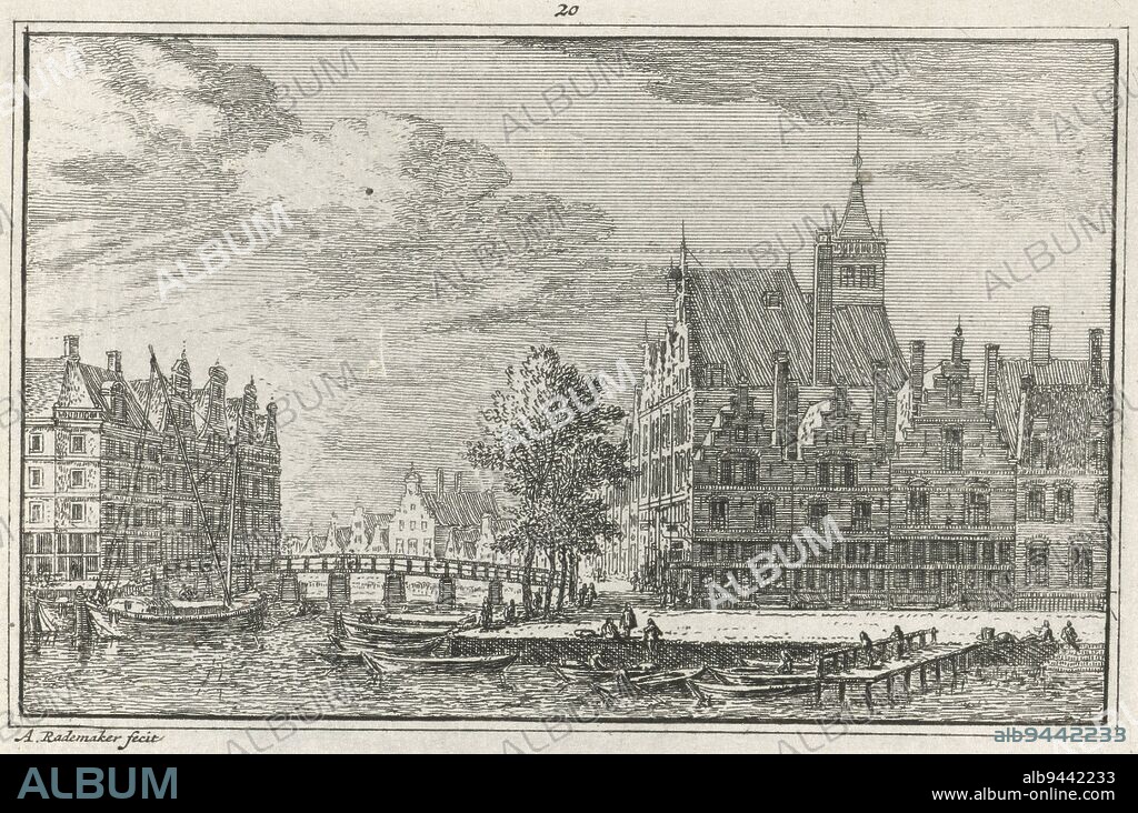 View of the Waalseiland in Amsterdam, Abraham Rademaker, 1727 - 1733, View of the Waalseiland in Amsterdam, seen from the IJ. Left of center the Waalseilandgracht with to its left the houses on the Binnenkant and to its right the houses on the Kromme Waal., print maker: Abraham Rademaker, (mentioned on object), publisher: Willem Barents, publisher: Antoni Schoonenburg, Amsterdam, 1727 - 1733, paper, etching, engraving, h 80 mm × w 115 mm.