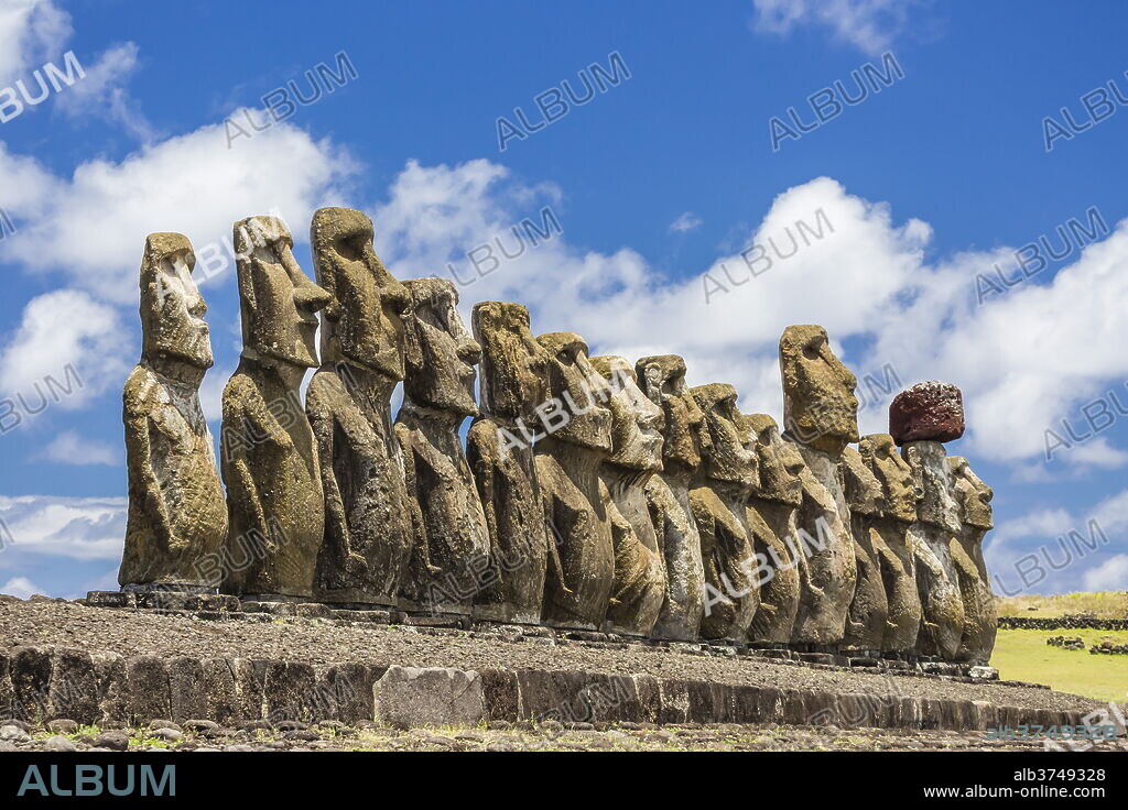 Fifteen moai at the restored ceremonial site of Ahu Tongariki on Easter Island (Isla de Pascua) (Rapa Nui), UNESCO World Heritage Site, Chile, South America.