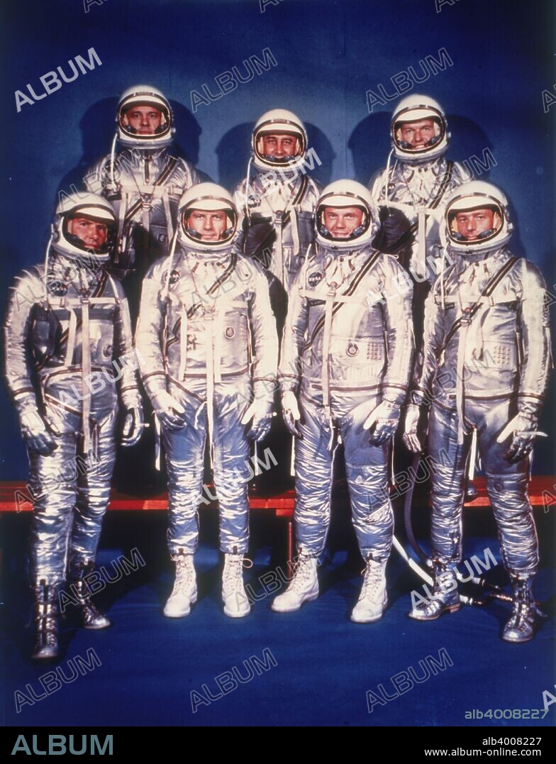 The Mercury Seven astronauts, 1959. A group photo in spacesuits of the seven test pilots chosen in April 1959 to participate in Project Mercury, NASA's manned space project. The astronauts are: (front row, left to right) Walter Schirra, Donald Slayton, John Glenn, Scott Carpenter, (back row, left to right) Alan Shepard, Virgil Grissom and Gordon Cooper.