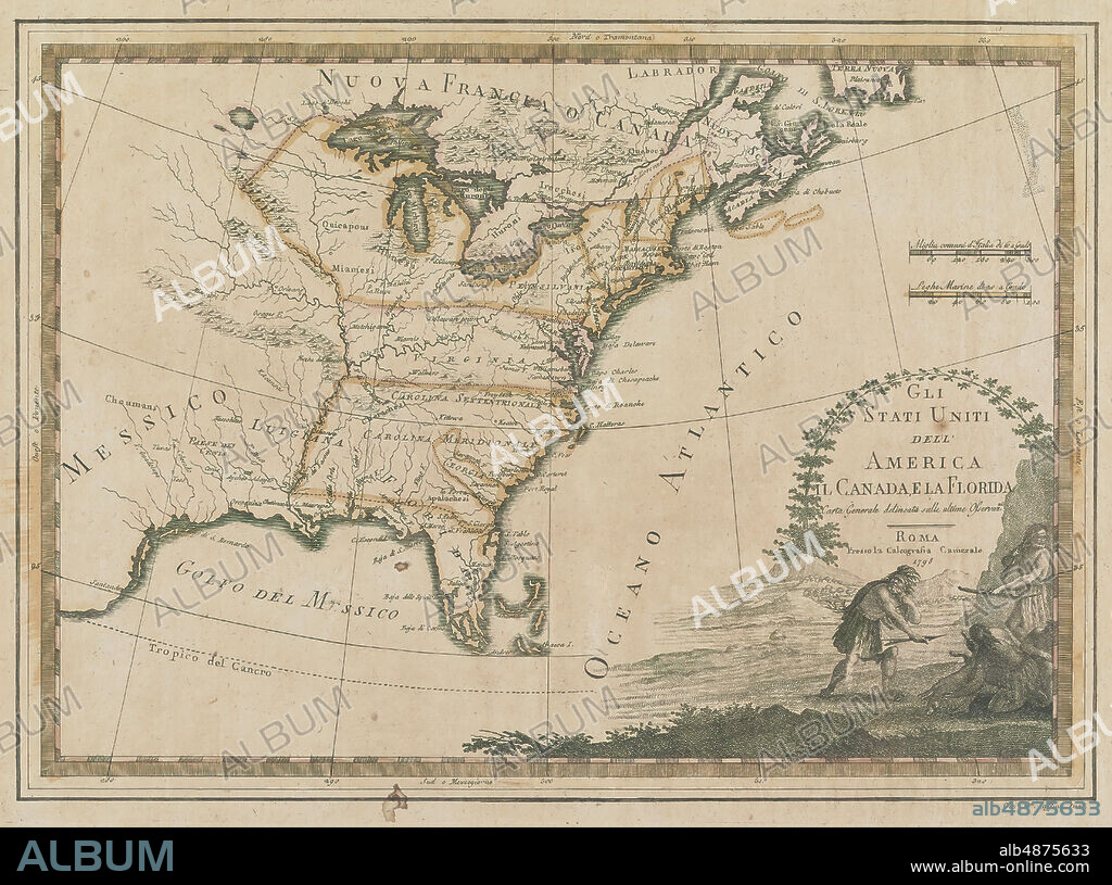 Calcographia Camerale, Map of Atlantic Seaboard and Part of Canada, 1798, tinted.