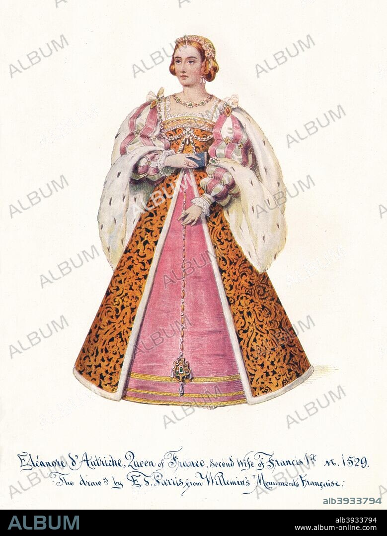 'Eleanor of Austria, Queen of France, Second Wife of Francis 1st,', 1911. Eleanor of Austria (1498 -1558), also called Eleanor of Castile, from the House of Habsburg,  became Queen consort of Portugal (1518-1521) and of France (1530-1547). Her first marriage was to her uncle, King Manuel I of Portugal, (16 July 1518) who died of the plague. In In 1526, she was engaged to King Francis I of France with marriage on 4 July 1530. From The Connoisseur Vol XXXI. [Otto Limited, London, 1911].
