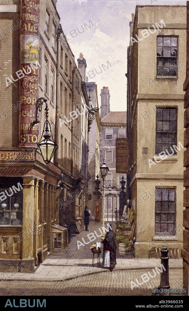 View of the Stag Public House, Devereux Court looking east from Essex Street, London, 1887. Also showing a street seller.