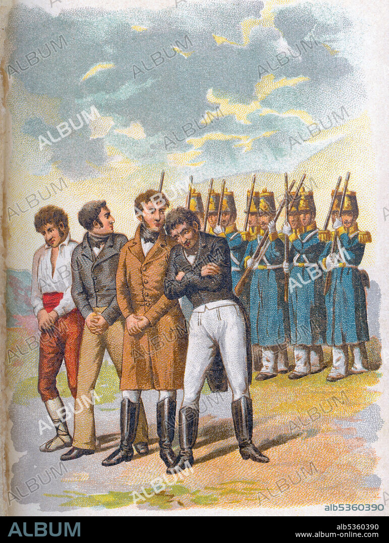 España. Los Mártires Españoles. José María de Torrijos Uriarte (1791-1831), militar español, ante el pelotón de fusilamiento en la playa de San Andrés de Málaga por su levantamiento contra el absolutismo del rey Fernando VII. Cromolitografía de 1900.