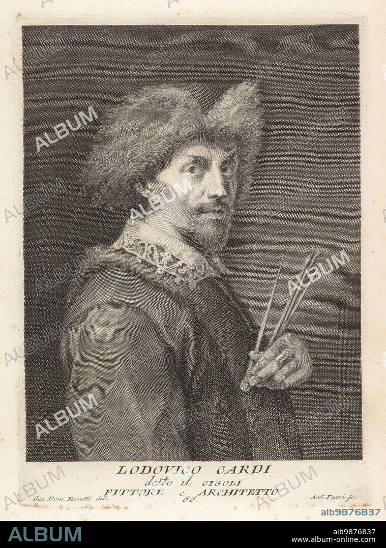 Lodovico Cardi, also known as il Cigoli, Italian painter, scholar and architect of the late Mannerist and early Baroque period, 1559-1613. In fur hat holding paint brushes and pair of compasses. Copperplate engraving by Pietro Antonio Pazzi after Giovanni Domenico Campiglia after a self portrait by the artist from Francesco Moucke's Museo Florentino (Museum Florentinum), Serie di Ritratti de Pittori (Series of Portraits of Painters) stamperia Mouckiana, Florence, 1752-62.