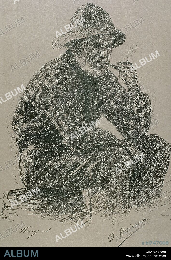 ARTE SIGLO XIX. ESPAÑA. BAIXERAS VERDAGUER, Dionís (Barcelona, 1862-1943) Pintor catalán. Se distinguió en la pintura de marinas y paisajes y, en particular, de tipos de pescadores y campesinos. "VIEJO MARINERO" ("Vell mariner"). Grabado.
