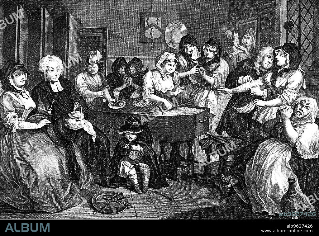'The Harlot's Progress', 1733. Sixth and final plate in William Hogarth's series 'The Harlot's Progress'. Moll Hackabout, the harlot who has died of venereal disease, lies in her coffin, surrounded by self-interested mourners. The parson gropes the woman next to him as his drink spills. Sir William Beckford (1709-1770) bought the original paintings which were destroyed in the fire at his house at Fonthill Gifford, Wiltshire, in 1755.