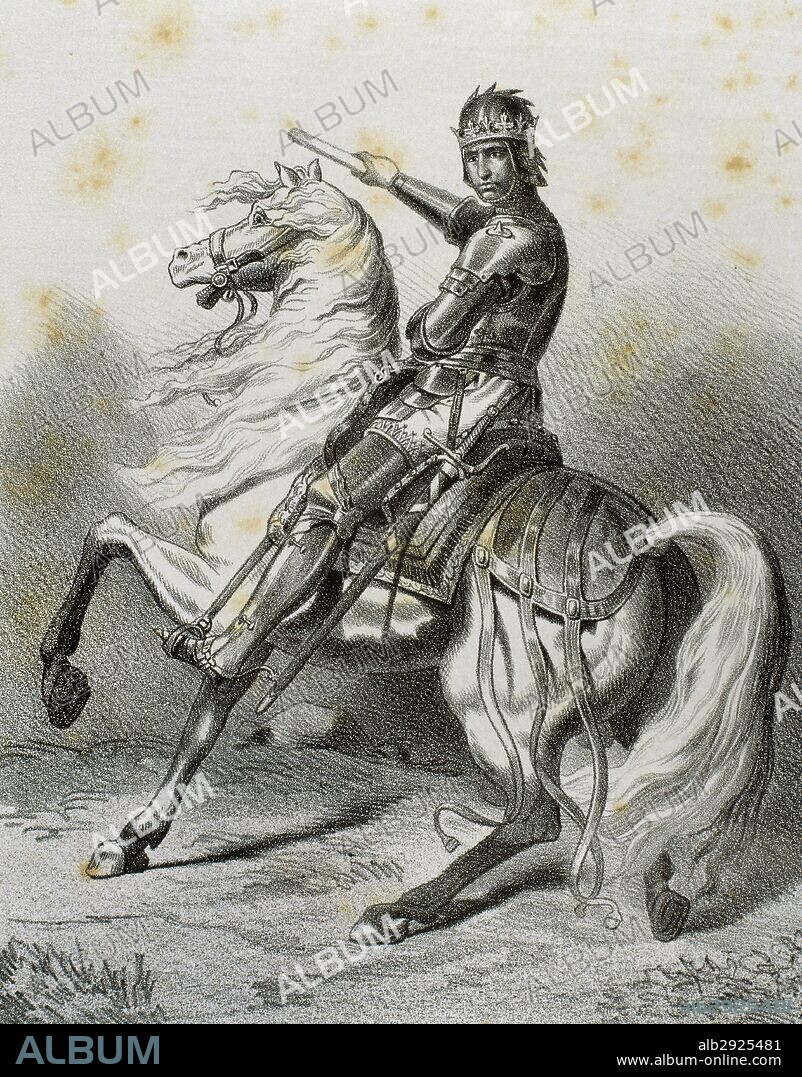 ALFONSO V de Aragón y IV de Cataluña, llamado "El Magnánimo" (1396-Nápoles,1458). Rey de la Corona de Aragón (1416-58) y de Nápoles (1442-1458). Dirigió una política que tenía como objetivo arrebatar a Génova la hegemonía sobre el Mediterráneo. "EL REY ALFONSO EL MAGNANIMO A CABALLO". Grabado de "Historia de España Ilustrada", del siglo XIX.