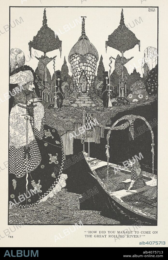 HANS CHRISTIAN ANDERSEN y HARRY CLARKE. The Snow Queen. How did you manage to come on the great rolling river?  . Fairy Tales ... Illustrated by Harry Clarke. F.P. London : G. G. Harrap & Co., [1916]. Source: K.T.C.102.a.15 plate opposite page 144.