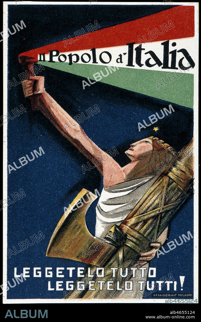 'Il popolo d'Italia. Leggetelo tutto, leggetelo tutti'. Carte postale publicitaire pour un journal italien publiee dans les annees 1930. Italie sous Mussolini. Credit : Collection IM/KHARBINE-TAPABOR.
