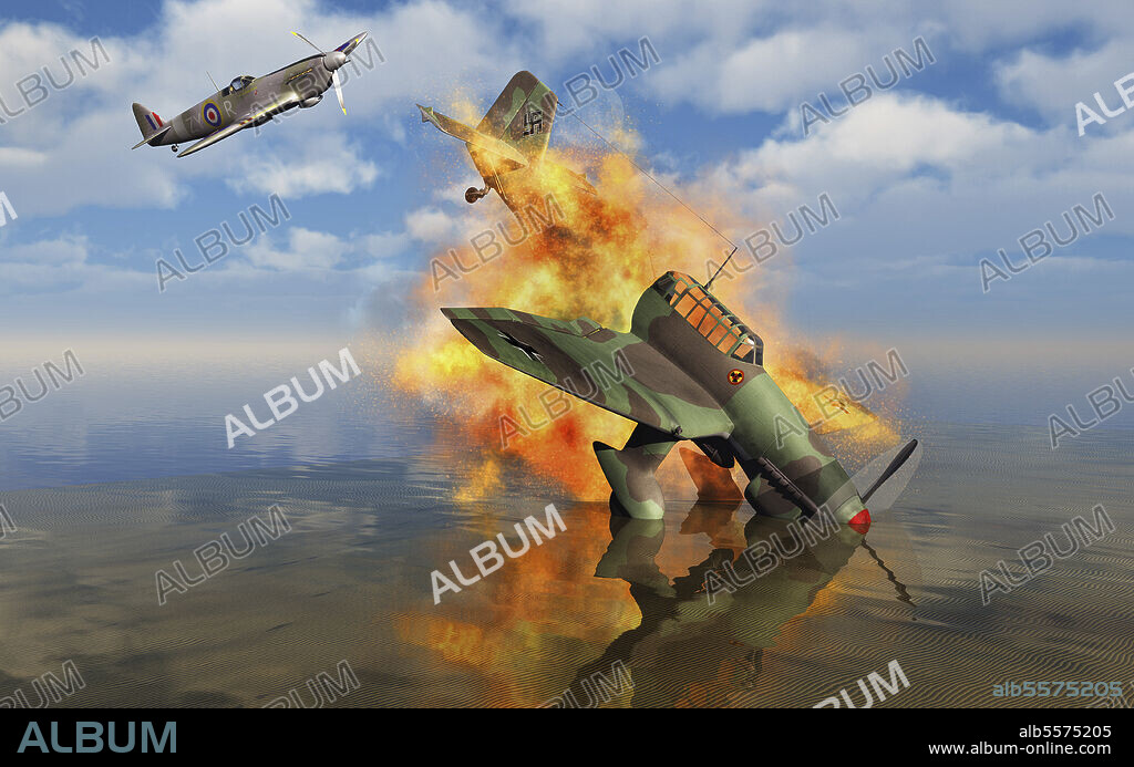 A German Ju-87 Stuka dive bomber shot down over the English coast by a British Spitfire fighter plane during the Battle of Britain.