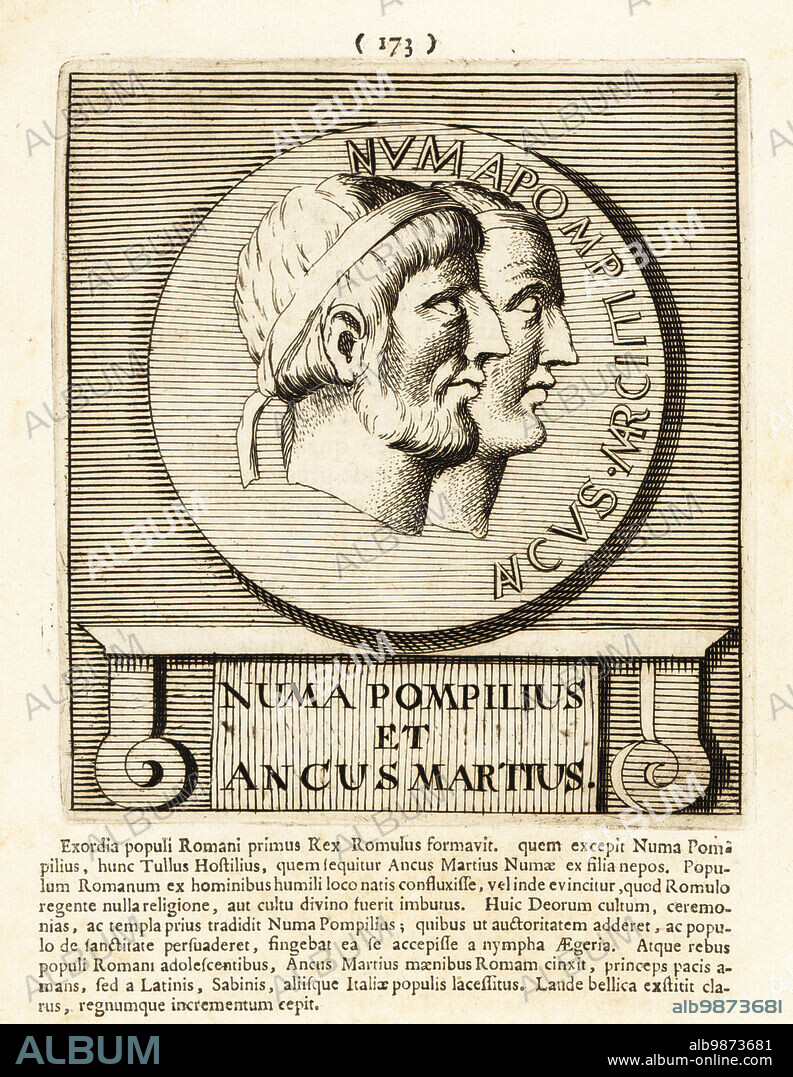 Numa Pompilius with beard, legendary successor to Romulus, second king of Rome. With his grandfather Ancus Marcius, legendary king of Roma. Copperplate engraving by Pieter Bodart (1676-1712) from Henricus Spoors Deorum et Heroum, Virorum et Mulierum Illustrium Imagines Antiquae Illustatae, Gods and Heroes, Men and Women, Illustrated with Antique Images, Petrum, Amsterdam, 1715. First published as Favissæ utriusque antiquitatis tam Romanæ quam Græcæ in 1707. Henricus Spoor was a Dutch physician, classical scholar, poet and writer, fl. 1694-1716.
