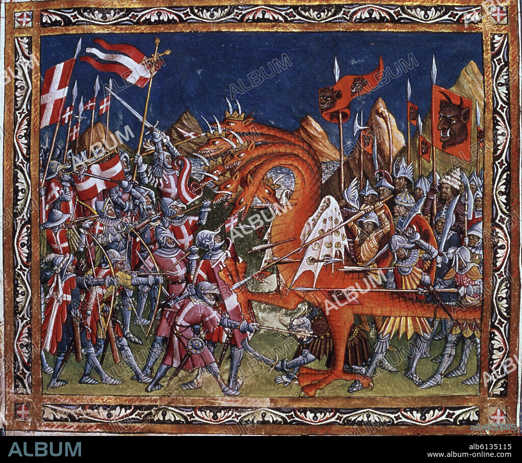 JEAN BAPTEUR-PERONET LAMY-JEAN COLOMBE. APOCALIPSIS FIGURADO DE LOS DUQUES DE SABOYA (1435-1490) - LUCHA DE SOLDADOS - DRAGON DE 7 CABEZAS - SIGLO XV.