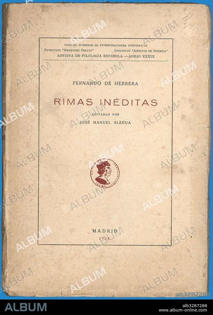 Portada del libro de poemas Rimas inéditas, de Fernando Herrera (1534-1597), poeta andaluz. Madrid, 1948.