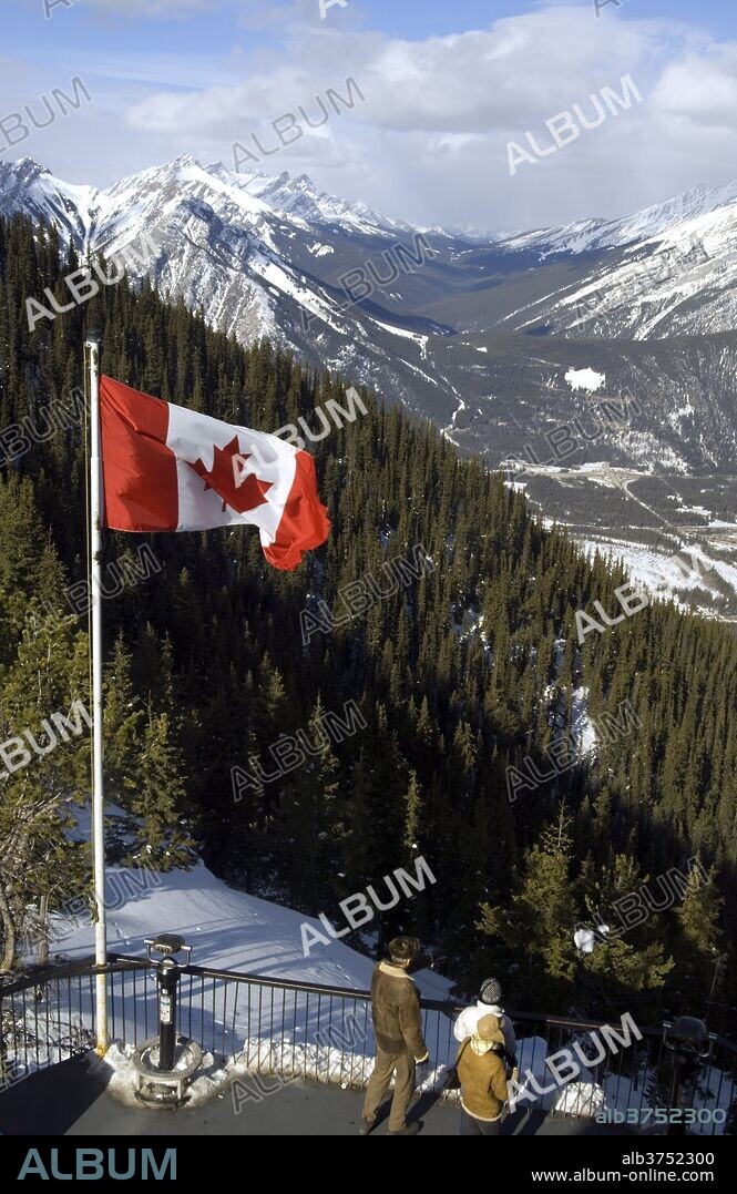 Canadian flag at the top of Sulphur Mountain, Banff National Park, UNESCO World Heritage Site, Alberta, Canada, North America.