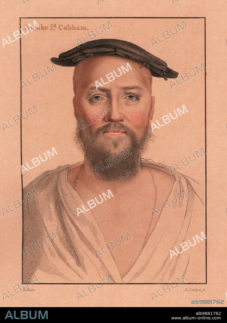 George Brooke, 9th Lord Cobham, 1497-1558, English peer, soldier and magnate, Lord of Cobham Hall, Kent. Brooke Ld Cobham. Handcoloured copperplate stipple engraving by Anthony Cardon after a portrait by Hans Holbein the Younger printed on pink paper from Imitations of Original Drawings by Hans Holbein, John Chamberlaine, London, 1812.