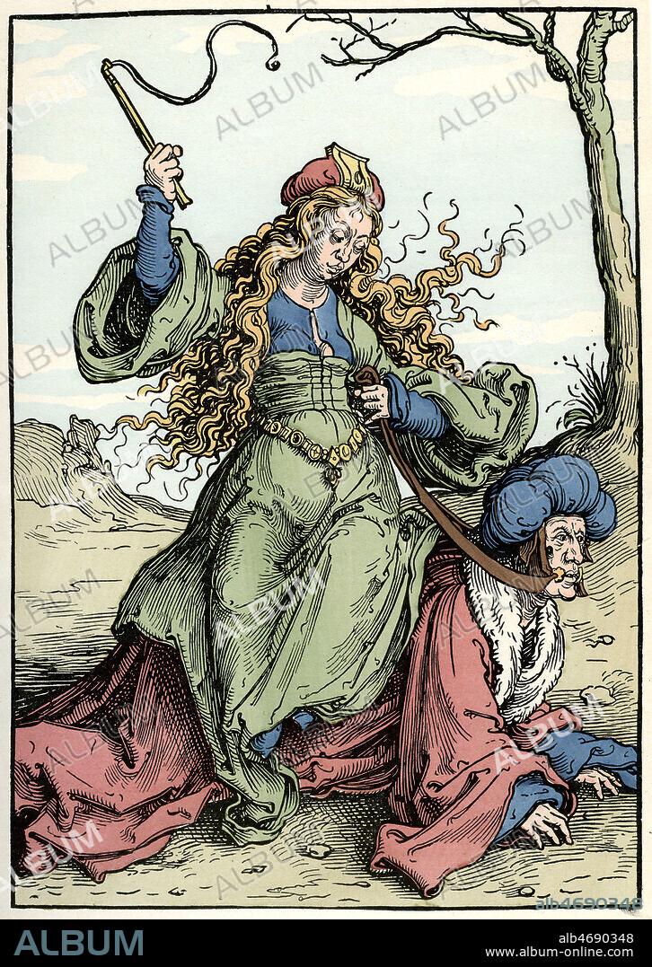 ' La femme chevauchant l'homme' Gravure sur bois du XVIe siecle illutrant ' le celebre lai d'Aristote' ecrit par Henri d'Andeli (= Pierre-Alexandre Héron), clerc poète du XIIIe siècle. Le triomphe de la ruse féminine sur Aristote qui professait la plus grande mefiance envers la gent feminine . Le philosophe, surpris en cet equipage s'en tira par une spirituelle moralité : "Avais-je raison ? Voyez comment l'amour change en bêtes les gens d'esprit !" . Aristote et Phyllis. Reproduite en gravure hors-texte in L'Histoire, la Vie, les Moeurs et la Curiosite par John Grand-Carteret. Credit Collection Kharbine Tapabor.