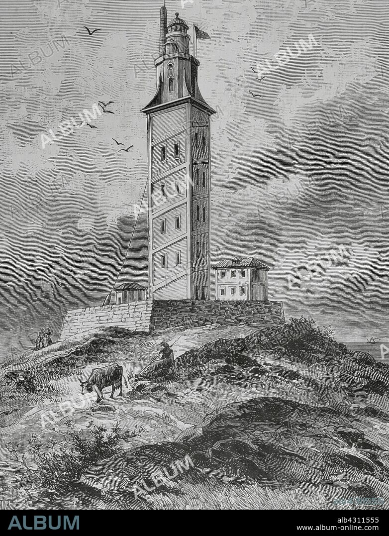 España. Galicia. La Coruña. El Faro, construido sobre la "Torre de Hércules", torre faro de origen romano, siglo I. Dibujo del natural por Riudavets. Grabado por Tomás Carlos Capuz (1834-1899). La Ilustración Española y Americana, 15 de septiembre de 1883.