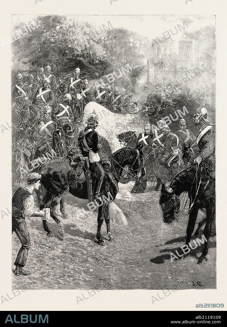 THE CAVALRY MANOEUVRES: THE GUARDS ON THE MARCH FROM ALDERSHOT TO CHURN CAMP, ARRIVING AT A WATERING PLACE, 1890 engraving.