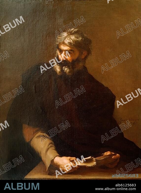 Protagoras of Abdera. Greek pre-Socratic philosopher. (sophist); 490 BC Abdera. (Thrace) - 411 BC. "Protagoras of Abdera". Painting, 1637, by Jusepe de Ribera, called Lo Spagnoletto (1591-1652). Oil on canvas, 124 × 98 cm. Inv. Nr. 1957.444. Hartford, Wadsworth Atheneum.