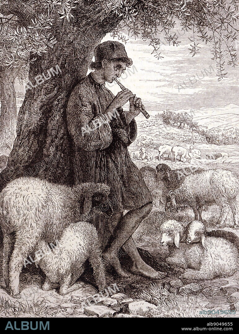 Illustration depicting a shepherd-boy playing his pipes in the shade of an olive tree. Illustrated by William J. Webbe (1830-1904) a British illustrator. Dated 19th century.