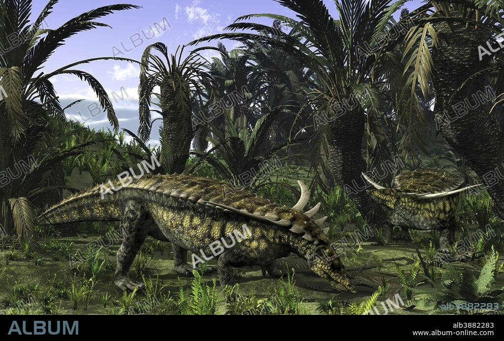 15-foot-long, 750 pound aetosaurian archosaurs of the genus Desmatosuchus search for edible roots amidst cycads and ferns 230 million years ago in what is today Texas. Armored plates and spikes, with some spikes up to 18 inches long, helped protect this otherwise vulnerable crocodile-like herbivore from the many terrestrial predators of the period including rauisuchian archosaurs like Postosuchus. Desmatosuchus is also notable for its unusual pig-like head and shovel-like snout which were likely well-suited for uprooting small plants.