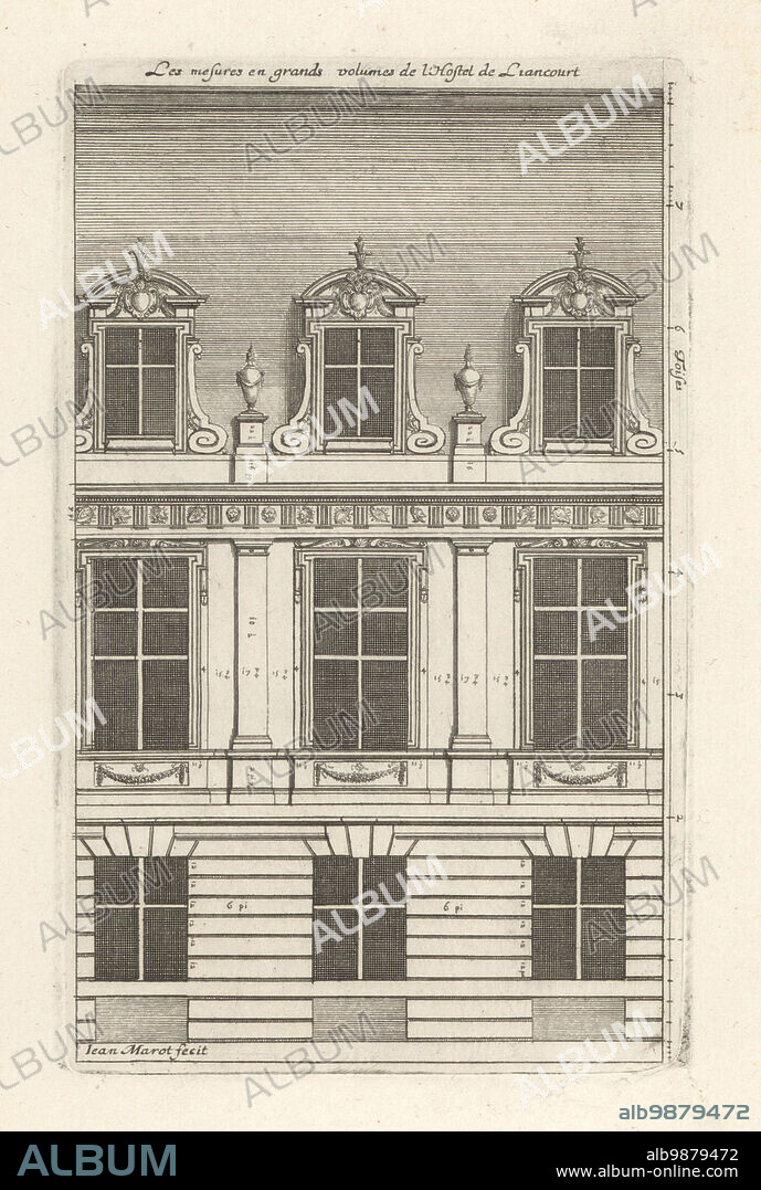 The windows with measures in toises of the Hotel de Liancourt, a grand house or hotel particulier built by Salomon de Brosse and Jacques Lemercier for the Count of Liancourt, the early 17th century. Demolished in 1825. Les mesures en grands volumes de l'Hotel de Liancourt. Copperplate engraving drawn and engraved by Jean Marot from his Recueil des Plans, Profils et Elevations de Plusieurs Palais, Chasteaux, Eglises, Sepultures, Grotes et Hotels,Collection of Plans, Profiles and Elevations of Palaces, Castles, Churches, Tombs, Grottos and Hotels, chez Mariette, Paris, 1655.