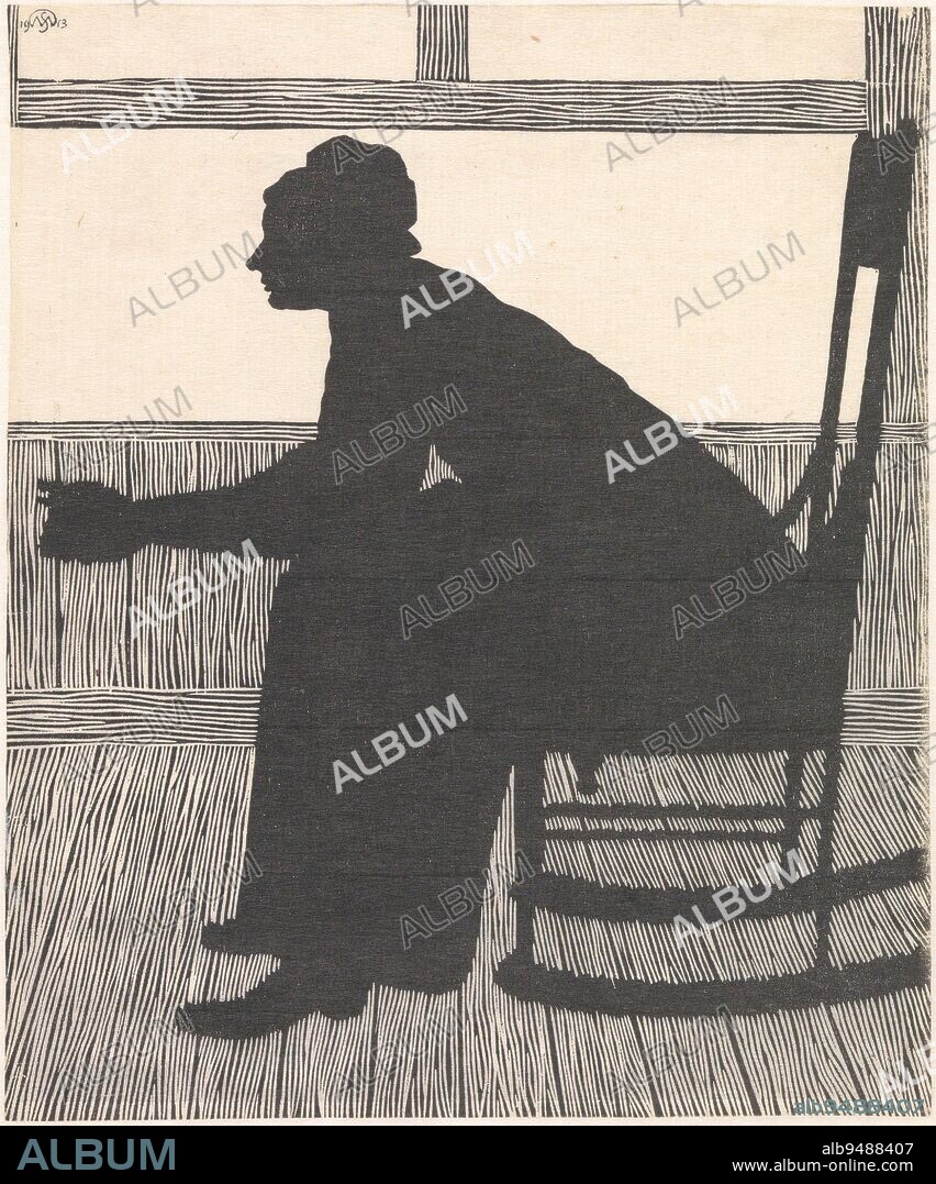 Silhouette (Woman in rocking chair), Samuel Jessurun de Mesquita, 1913, Silhouette of woman in rocking chair with elbows on knees., print maker: Samuel Jessurun de Mesquita, 1913, paper, h 248 mm × w 295 mm.