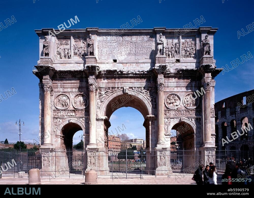 Rom - Roma (Italien), Konstantinsbogen - Arco di Costantino. (315 n. Chr. geweiht nach dem Sieg Konstantins über Maxentius an der Milvischen Brücke). Gesamtansicht der Südseite. Foto (Jochen Helle).