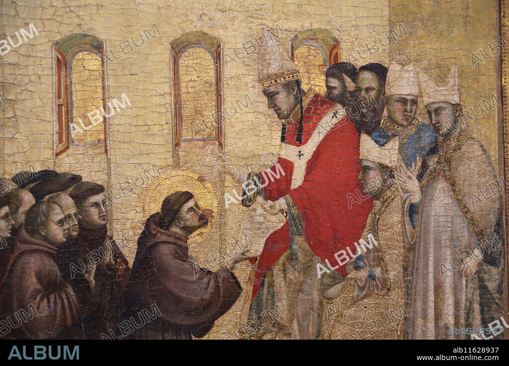 Saint Francis receiving the Stigmata, by Italian painter Giotto (1266-1337), 1295-1300.  Detail predella. Pope Innocent III and St. Francis of Assisi. Late Gothic. Louvre Museum. Paris. France.