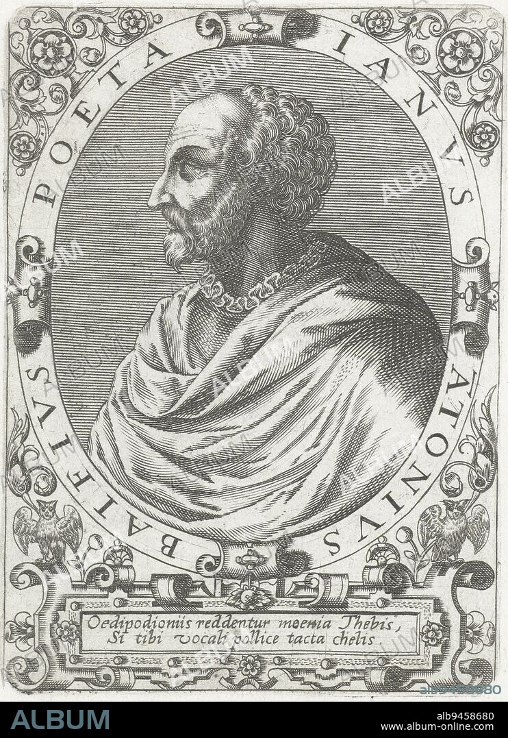 Portrait of Jean Antoine de Baïf, Theodor de Bry, after Jean Jacques Boissard, c. 1597 - c. 1599, Portrait of the French poet Jean Antoine de Baïf, in oval with border lettering. With a decorative frame with leafy vines and owls and a cartouche with a Latin verse below the portrait, print maker: Theodor de Bry, print maker: Johann Theodor de Bry, Jean Jacques Boissard, (possibly), Frankfurt am Main, c. 1597 - c. 1599, paper, engraving, h 140 mm × w 100 mm.