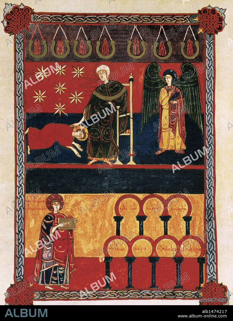 ARTE ROMANICO. ESPAÑA. SIGLO XI. "BEATO DE FERNANDO I Y DOÑA SANCHA". Códice miniado en el año 1047 por FACUNDO para los reyes de Castilla y León sobre los comentarios que el BEATO DE LIEBANA (? -798) realizó en el siglo VIII al Apocalipsis de San Juan. Detalle de una página miniada. Biblioteca Nacional. Madrid.