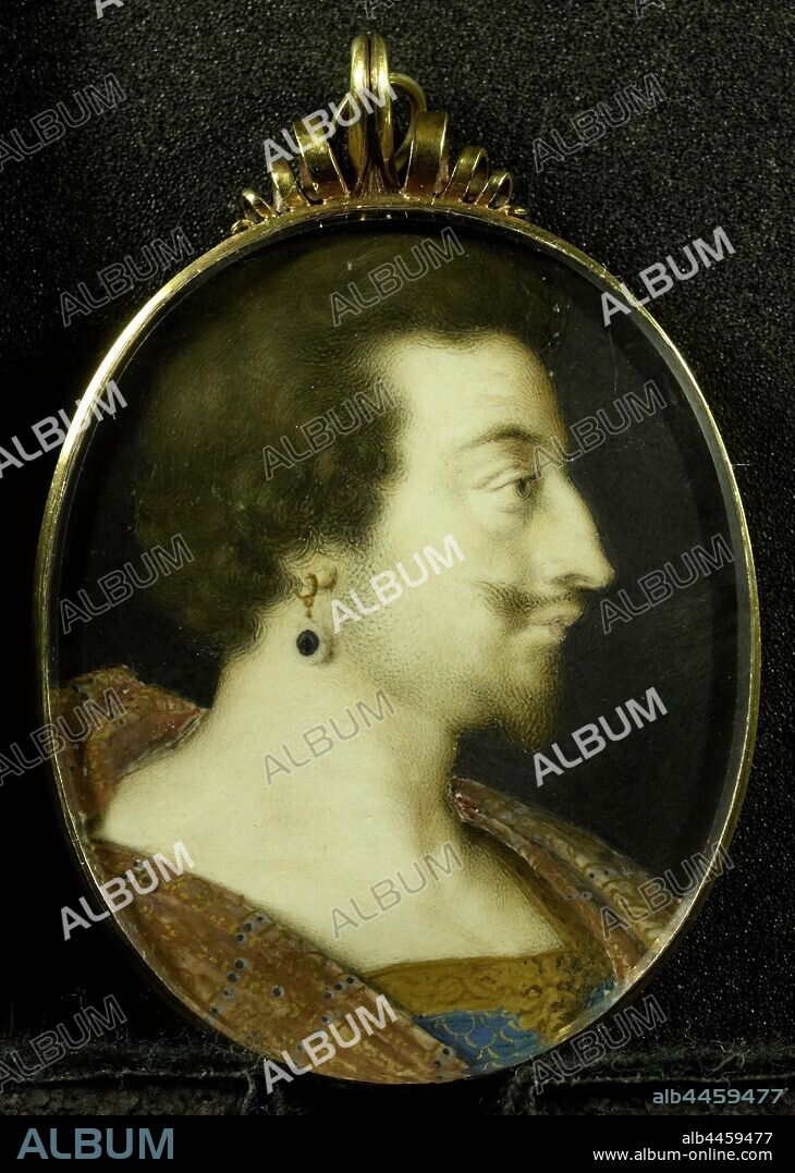 George Villiers (1592-1628), Duke of Buckingham, Portrait of George Villiers (1592-1628), Duke of Buckingham. Bust, in profile to the right, with earring. Part of the portrait portrait collection, George Villiers (1st Duke of Buckingham), Peter Oliver, 1612 - 1647, cardboard, gold (metal), glass, h 5.1 cm × w 4.1 cm h 6.5 cm × w 4.3 cm × d 0.8 cm.