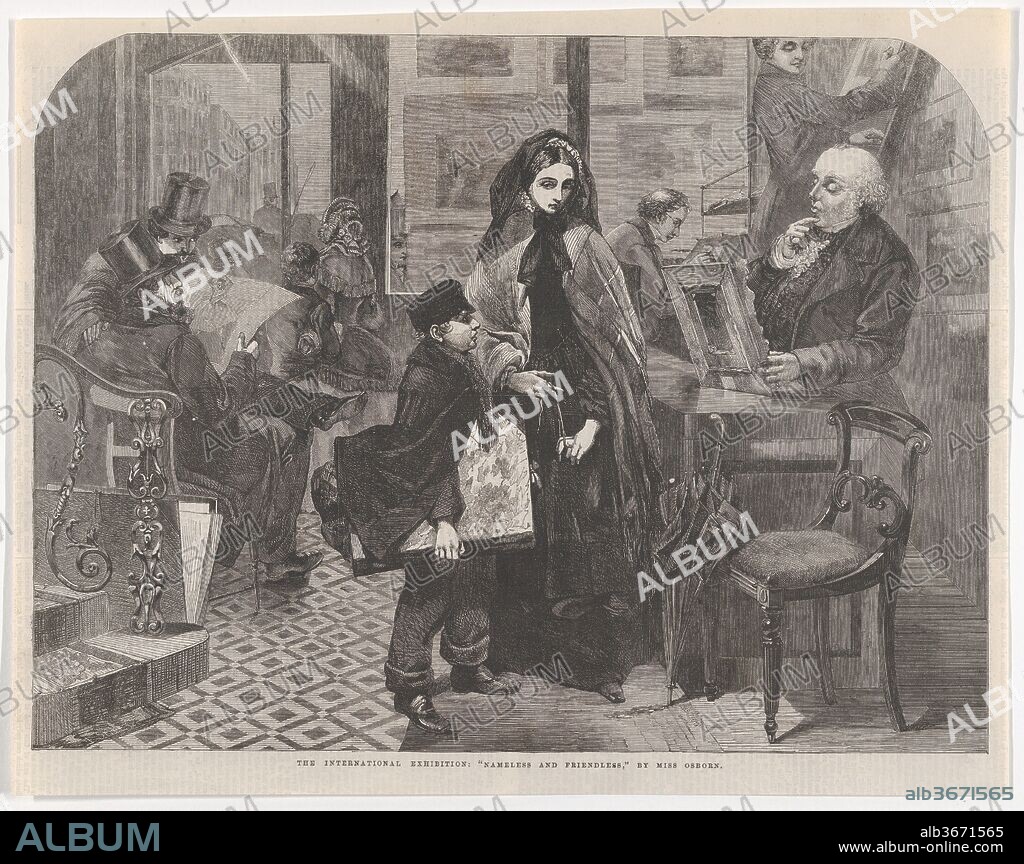 Nameless and Friendless, from "Illustrated London News". Artist: After Emily Mary Osborn (British, London 1828-1925 London). Dimensions: Sheet: 10 1/8 × 12 15/16 in. (25.7 × 32.9 cm). Engraver: Edward Skill (British, London 1831-1878 Stockholm). Date: July 12, 1862.
This print reproduces a painting (Tate Britain) that Osborn showed at the Royal Academy in 1857. Its owner then lent the work in 1862 to the International Exhibition at London, when the present wood-engraving was published in the "Illustrated London News." The image shows a young woman artist, accompanied by a brother, standing nervously in the shop of an art dealer whom she hopes will buy a work--her black dress suggesting the recent loss of parents and their support.
Osborn added a Biblical quote to her title, "Nameless and Friendless: 'The rich man's wealth is his strong city, etc.'--Proverbs, x, 15," to emphasize the plight of women artists who lacked financial means and were denied institutional access. The work should be read as a plea for reform rather than an illustration of personal experience, since Osborn's own family funded her training, and she sold paintings to influential clients such as Queen Victoria. From 1857, Osborn was active in feminist causes, joining the newly established Society of Female Artists that year, signing a petition addressed to the Royal Academy Schools in 1859 that asked for female students be admitted, and campaigning for women's suffrage in the 1880s.