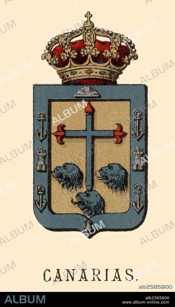 España. Heráldica. Escudo de armas de la provincia de Canarias. Grabado de 1878.