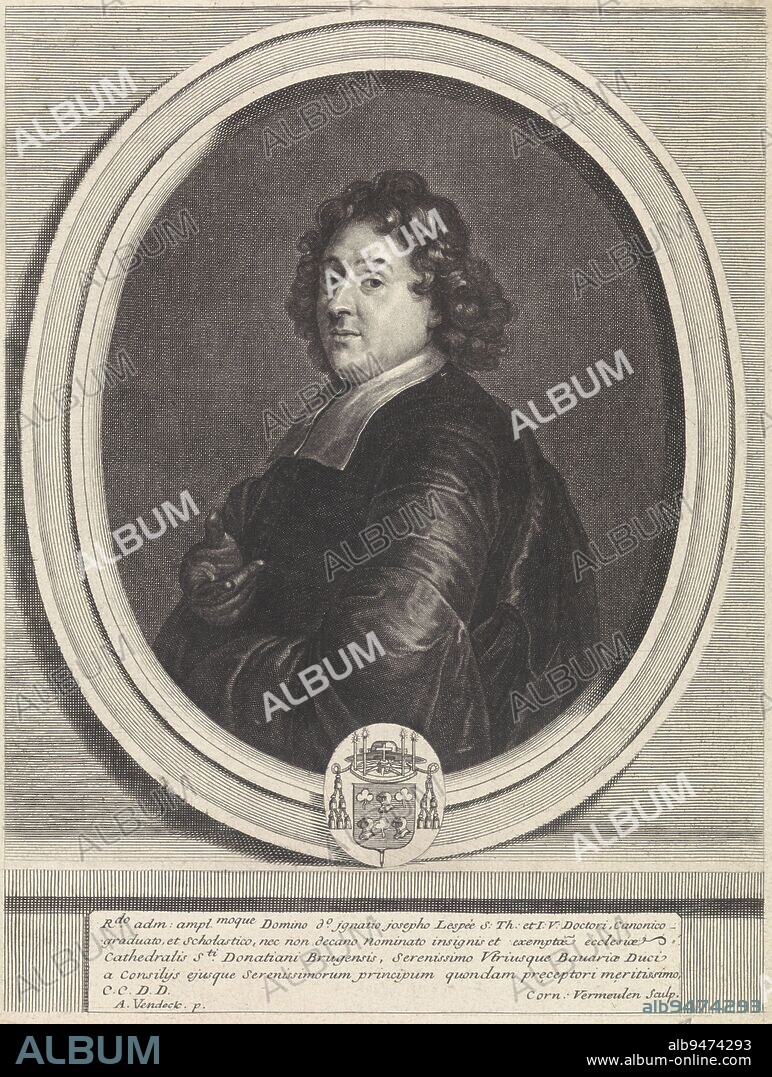 Portrait of the Bruges clergyman Ignatius Joseph de l'Espee, Portrait of Ignatius Joseph de l'Espee, print maker: Cornelis Martinus Vermeulen, (mentioned on object), after: Anthony van Dyck, (possibly), Antwerp, 1654 - 1709, paper, engraving, h 250 mm × w 190 mm.