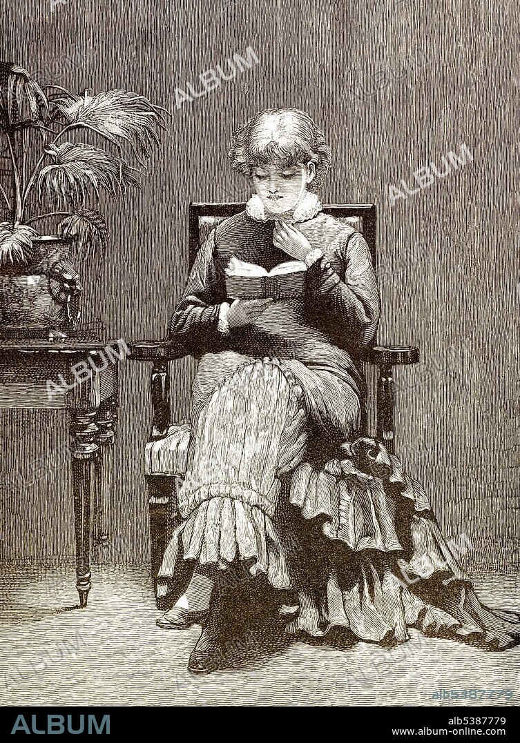 Historical drawing from England, 19th century, young woman sitting in an armchair and reading a book, around 1880