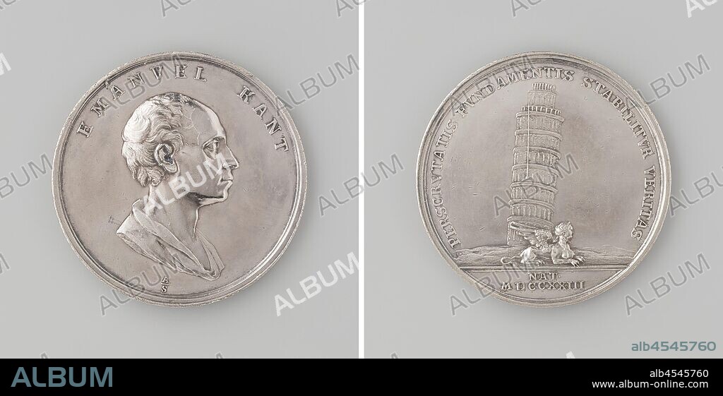 Death of Immanuel Kant, Silver Medal. Front: man's bust inside the inside. Reverse: sphinx sitting at the foot of the tower of Pisa inside an inscription, cut off: dating, Immanuel Kant, Abraham Abrahamson, Berlin, 1804, silver (metal), striking (metalworking), d 4.2 cm × w 25.32 gr.