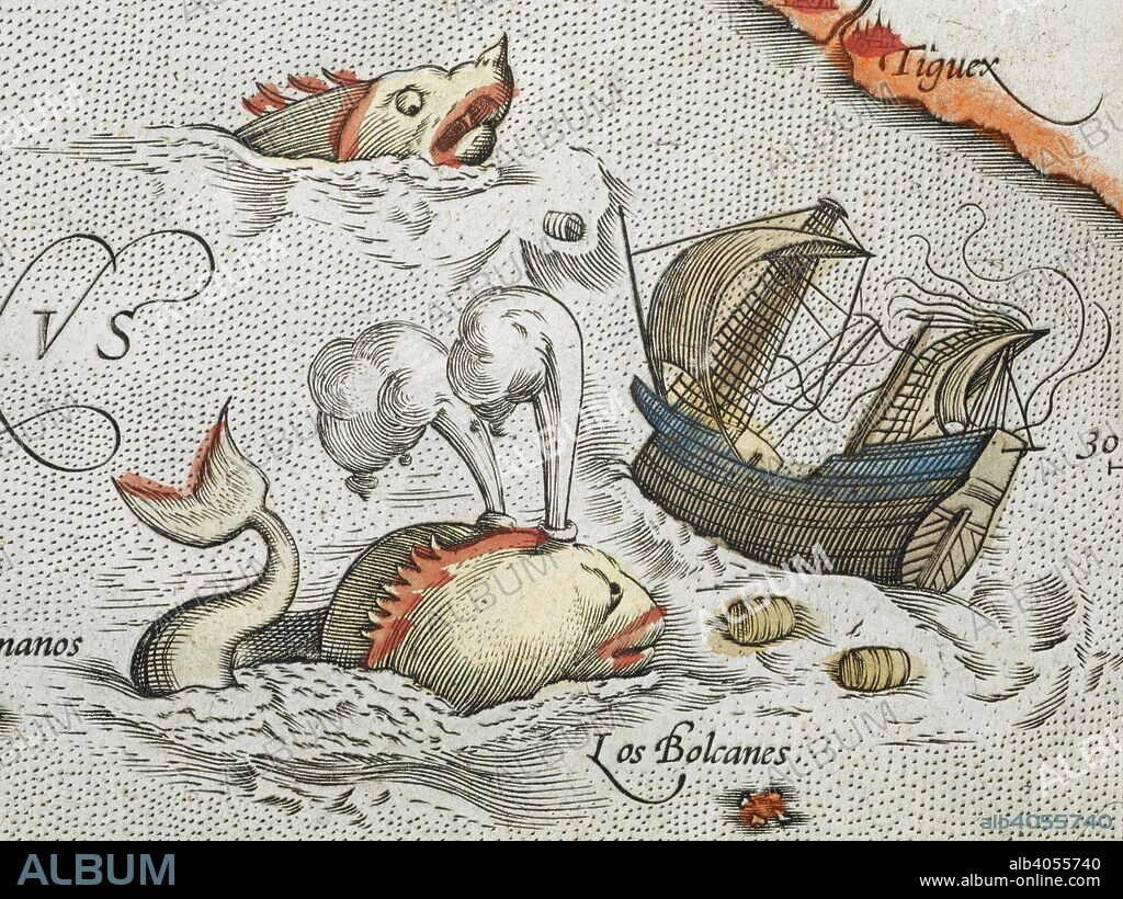 ABRAHAM ORTELIUS. (Detail). Sea monsters attacking a ship. [Typus orbis terrarum] (main title of album, containing 90 maps). Antwerp. 1598. Source: Maps C.2.d.7.(2).