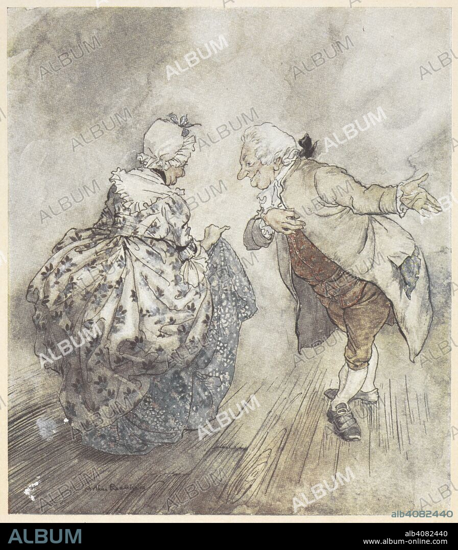 CHARLES DICKENS. An old couple in formal clothing about to dance. A Christmas Carol ... Illustrated by Arthur Rackham. London; J. B. Lippincott Co. Philadelphia : Wiiliam Heinemann, 1915. 'Then old Fezziwig stood out to dance with Mrs. Fezziwig.'. Source: 012622.g.37. opposite page 54.