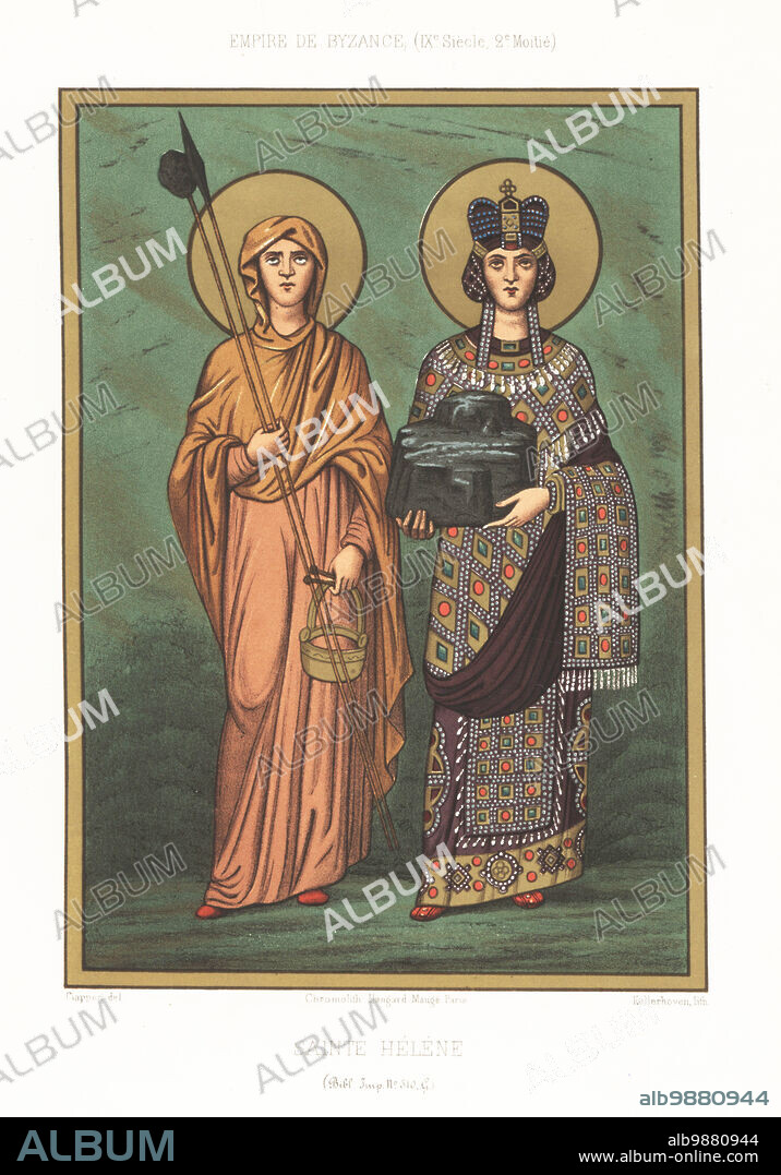 Saint Helena, Roman empress, wife of Constantius I Chlorus, mother of Constantine I the Great, c.248 - 328. In ornate Imperial Greek costume of bejeweled crown, long robe under a dalmatic, late 9th century. Helena holds the holy mountain of Calvary and the veiled woman holds the lance and sponge from the cruxifiction. Taken from MS 510 G, ancien fonds Latin, Bibliotheque Imperiale. Sainte Helene, Empire de Byzance, IXe Siecle. Chromolithograph by Franz Kellerhoven after Claudius Joseph Ciappori from Charles Louandres Les Arts Somptuaires, The Sumptuary Arts, Hangard-Mauge, Paris, 1858.