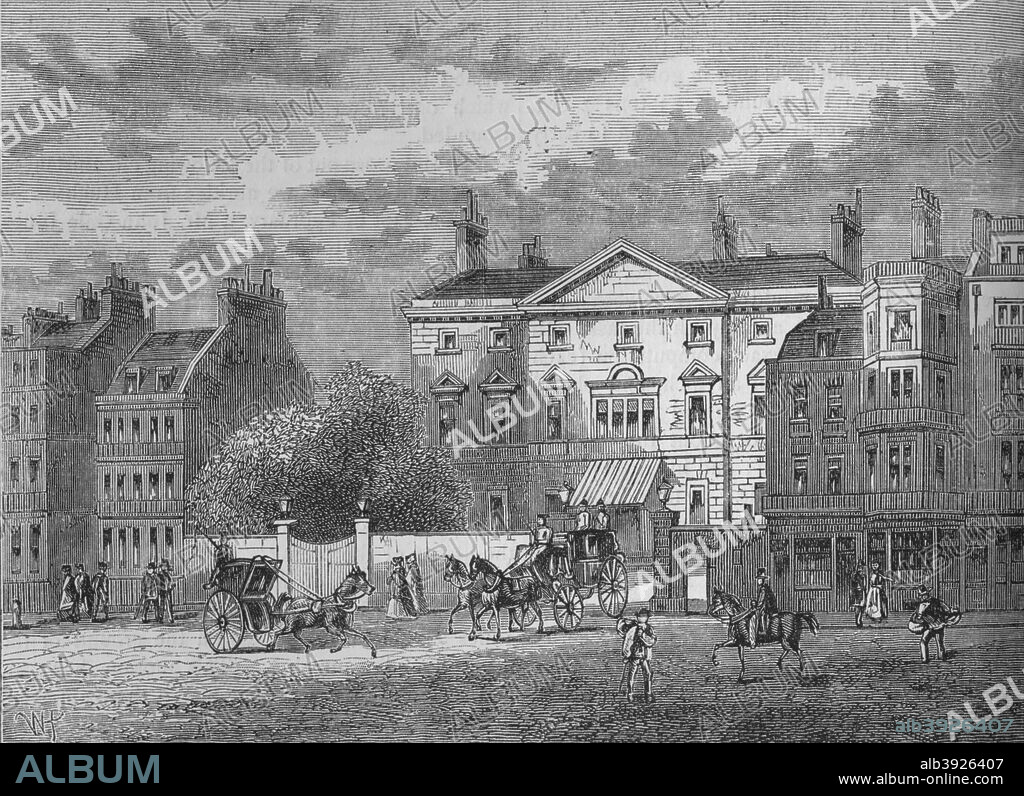 Cambridge House, Westminster, London, c1854 (1878). Designed by architect Matthew Brettingham (1699-1769), Cambridge House was the London house of the Duke of Cambridge, the seventh son of George III, from 1829 to 1850. Later it was the London house of Prime minister Lord Palmerston (1784-1865) and the home of the Naval and Military Club, known as the In and Out Club. From Old and New London Illustrated, Vol IV, by Edward Walford. [Cassell Petter & Galpin, London, Paris & New York, 1878].