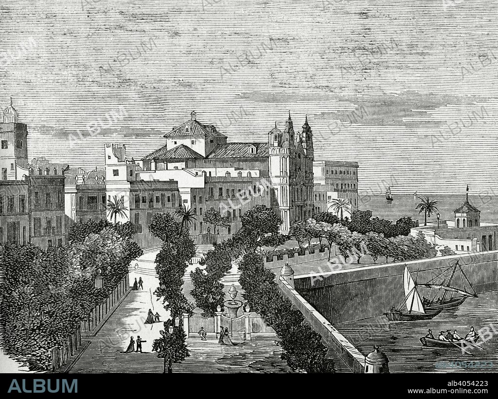 España. Andalucia. Cádiz. Vista del Paseo de la Alameda del Marqués de Comillas y de la Iglesia del Carmen, en estilo barroco. Grabado. Crónica General de España, Historia Ilustrada y Descriptiva de sus Provincias. Andalucía, 1867. Biblioteca Histórico Militar de Barcelona, Cataluña, España.