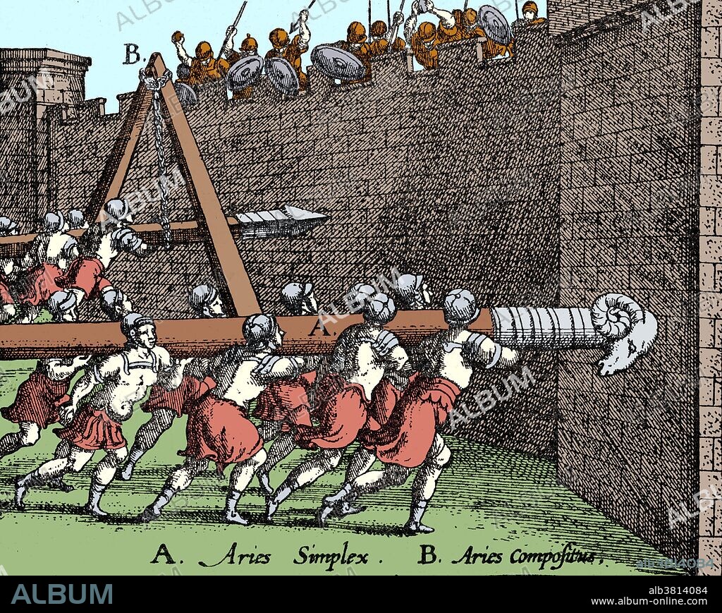 Colored illustration of The Battering Ram in Ancient Roman Warfare. This is the earliest, simplest, most effective device for destroying stone walls and the ordinary defenses of fortified towns. The primitive ram was a huge beam of seasoned and tough wood, hoisted on the shoulders of men. Running with it at full speed against a wall, gate, or palisade, they did what damage they could with one charge after another. Ancient armies used two different kinds of battering ram, one type was suspended and swinging, like a pendulum, and the other moved on rollers. Battering rams had an important effect on the evolution of defensive walls, which were constructed ever more ingeniously in a bid to nullify the effects of siege engines. Historical instances of the usage of battering rams in sieges of major cities include: destruction of Jerusalem by the Romans, the Crusades, the fall of Rome and the siege of Constantinople.